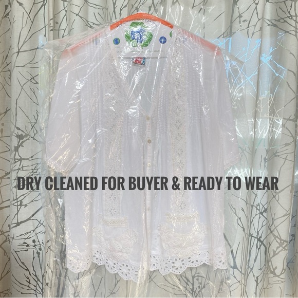 JOHNNY WAS White floral print embroidered eyelet lace v-neck button up top - Picture 9 of 9